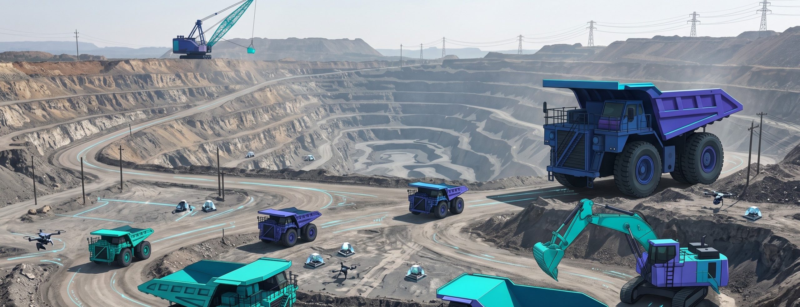 Overview of a mining fleet with predictive maintenance monitoring across haul trucks, excavators, and drones