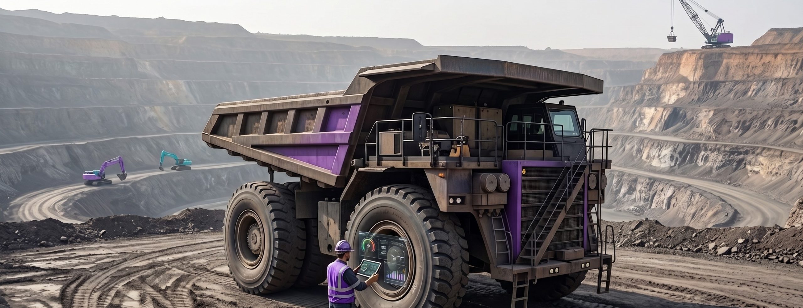 Maintenance technician reviewing diagnostic data on a tablet next to a mining haul truck