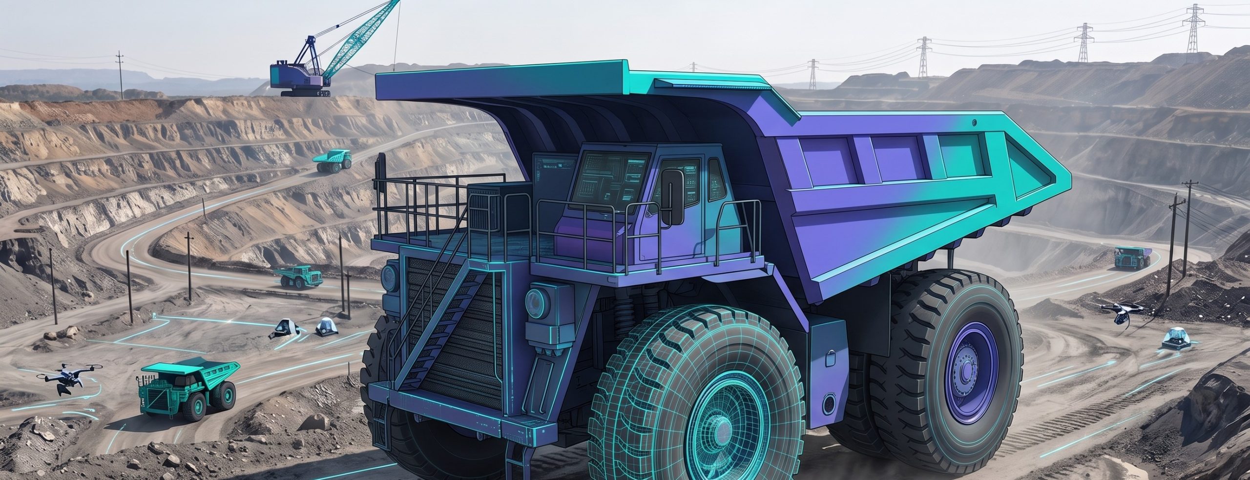Close-up of a mining haul truck at an open-pit mine, brand-colored accents