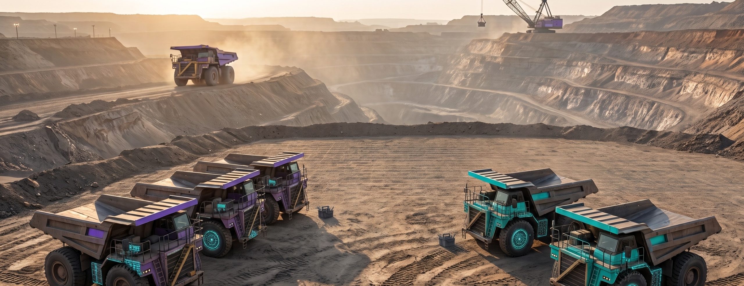 Fleet of mining haul trucks parked at an open-pit mine at sunset, brand-colored accents