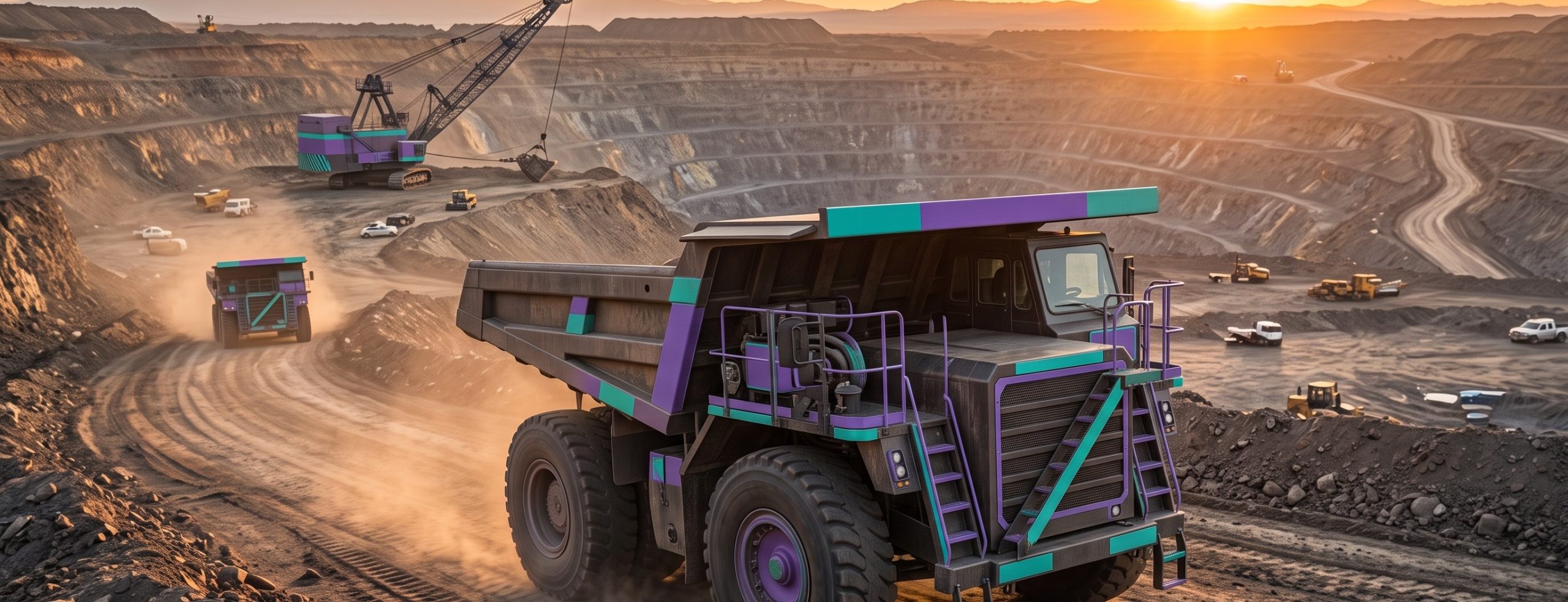 Mining haul truck on a haul road at sunset, brand-colored accents