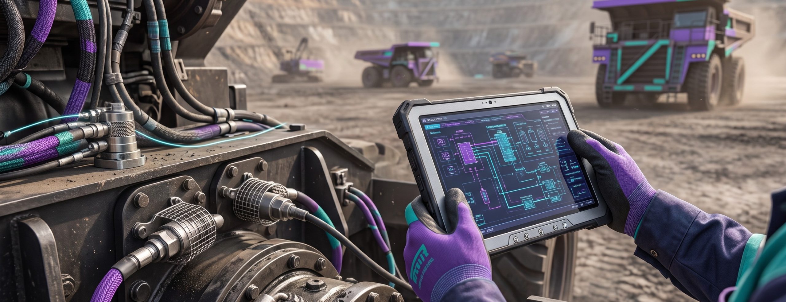 Technician holding a diagnostic tablet near mining equipment hydraulics, brand-colored accents